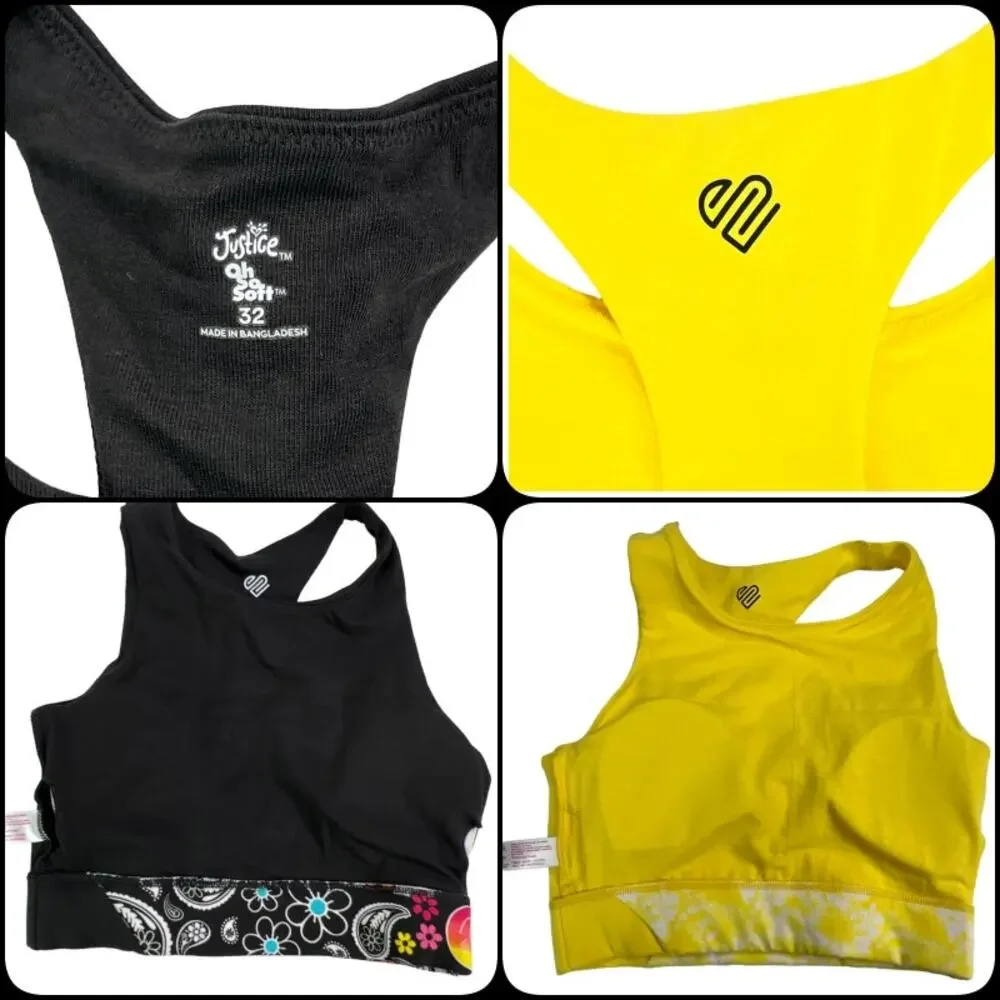Justice Oh So Soft Girls Racerback Youth Sports Bra Black Yellow Sz 32 Seamless